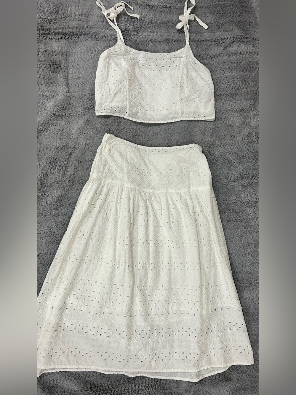 White Eyelet A-Line Midi Skirt with matching top- Lightweight Summer Combo
